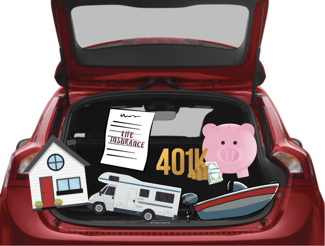 Picture a trunk of a red car filled with clipart of a house, motorboat, boat, car, life insurance policy, 401K and cash assets, symbolizing the risk you carry every time you get in the driver's seat.